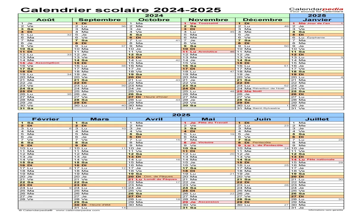 Calendrier scolaire 2024-2025 pdf, excel et word calendarpedia