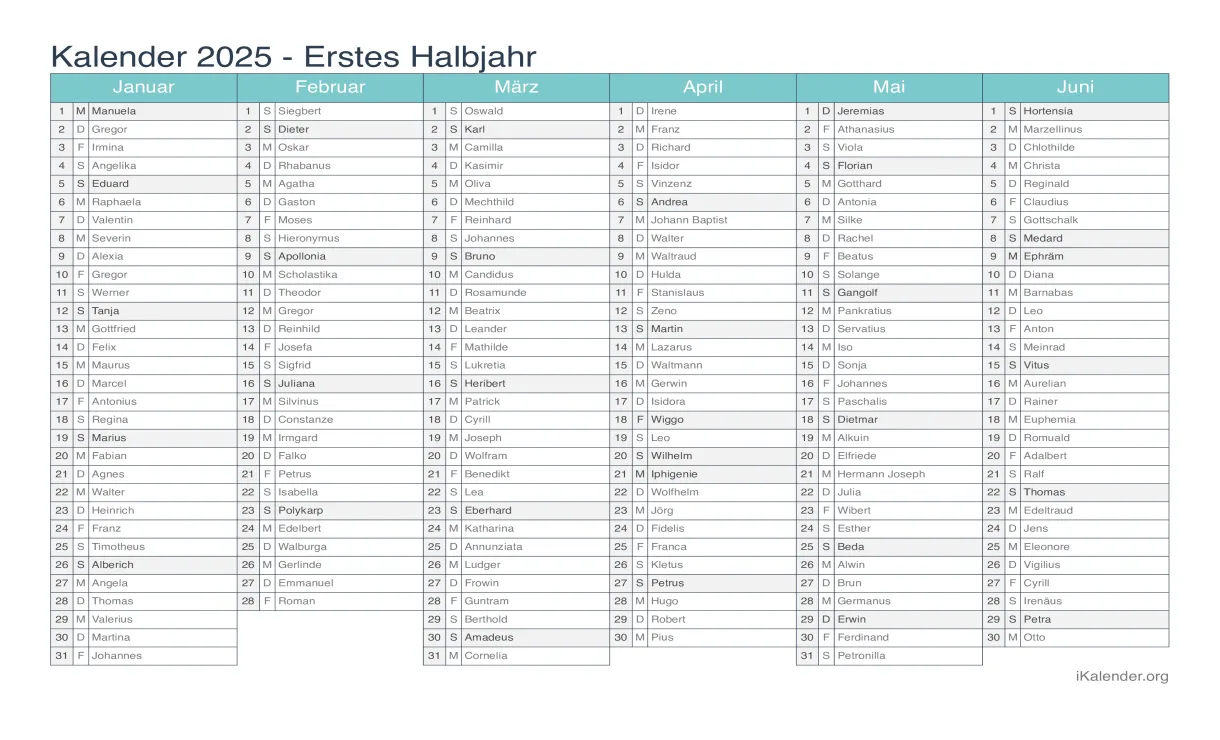 Kalender 2025 zum ausdrucken