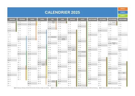 Calendrier 2025 pdf et excel avec vacances scolaires