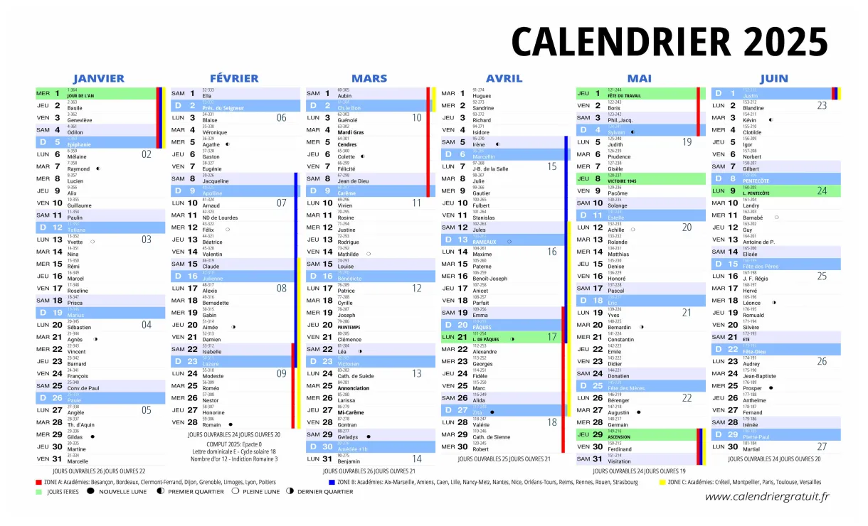 Calendrier 2025 calendriergratuit.fr