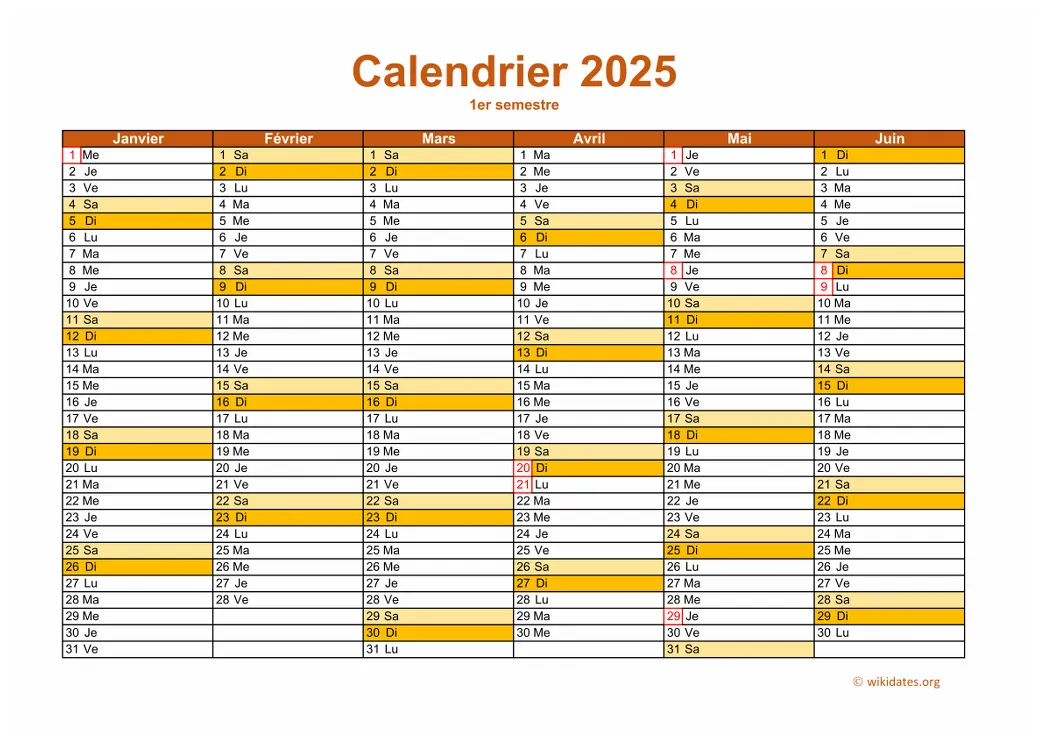 Calendrier 2025 à imprimer wikidates