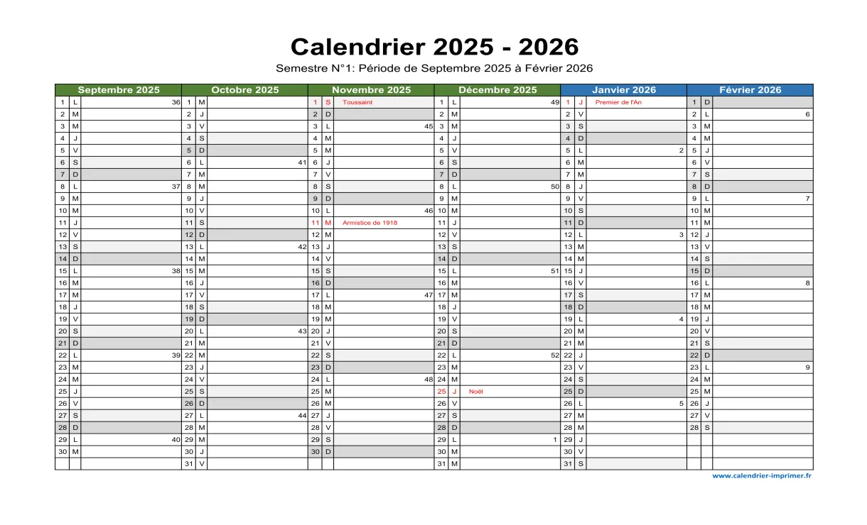 Calendrier 2025-2026 à imprimer