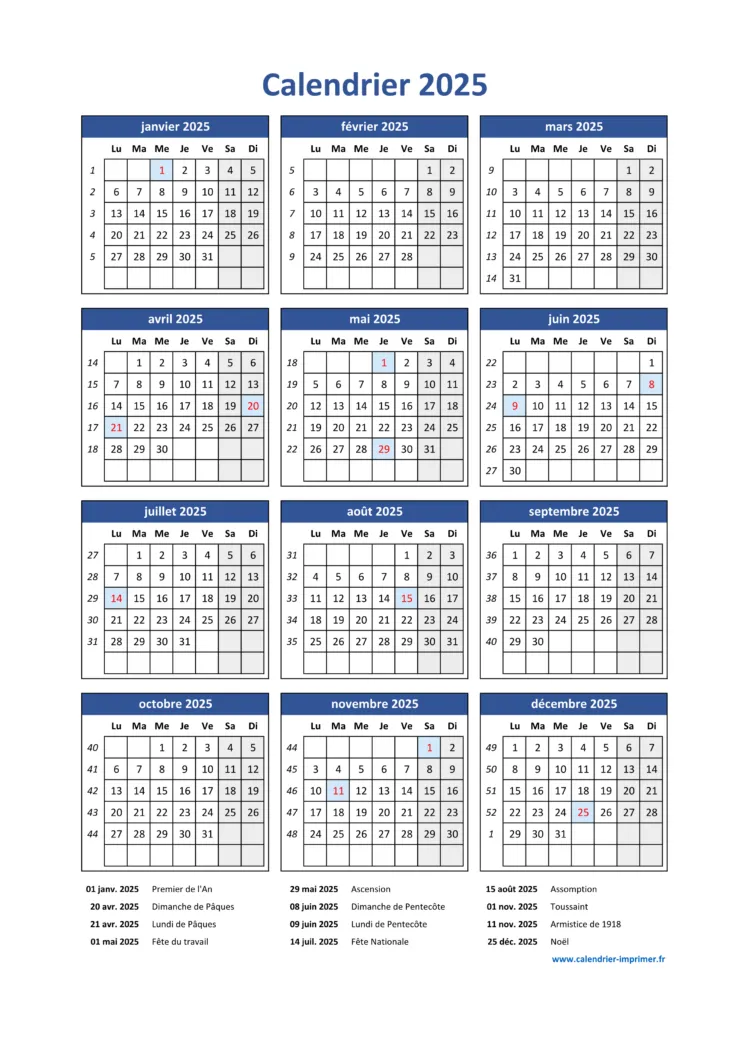 Calendrier 2025 gratuit calendrier 2025