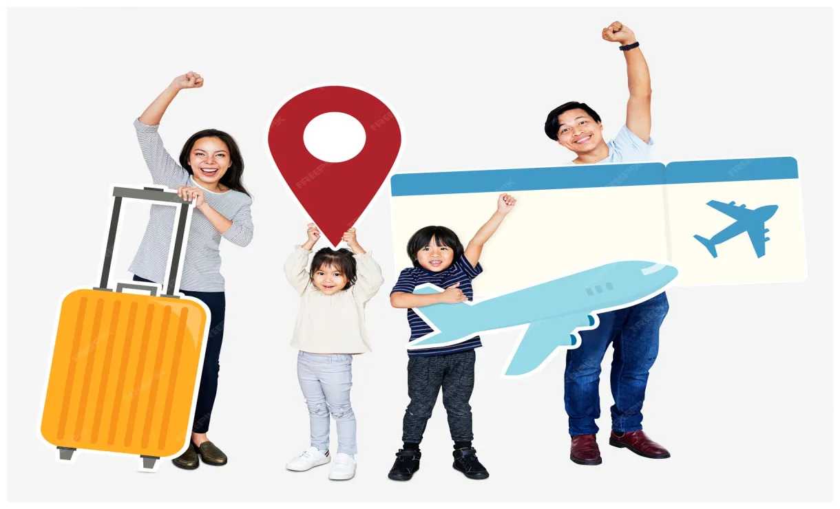 Joyeuse famille détenant des billets et des icônes de voyage