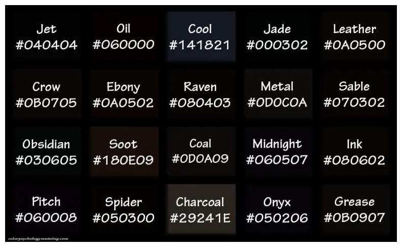 Shades of Black & Names with HEX, RGB Color Codes