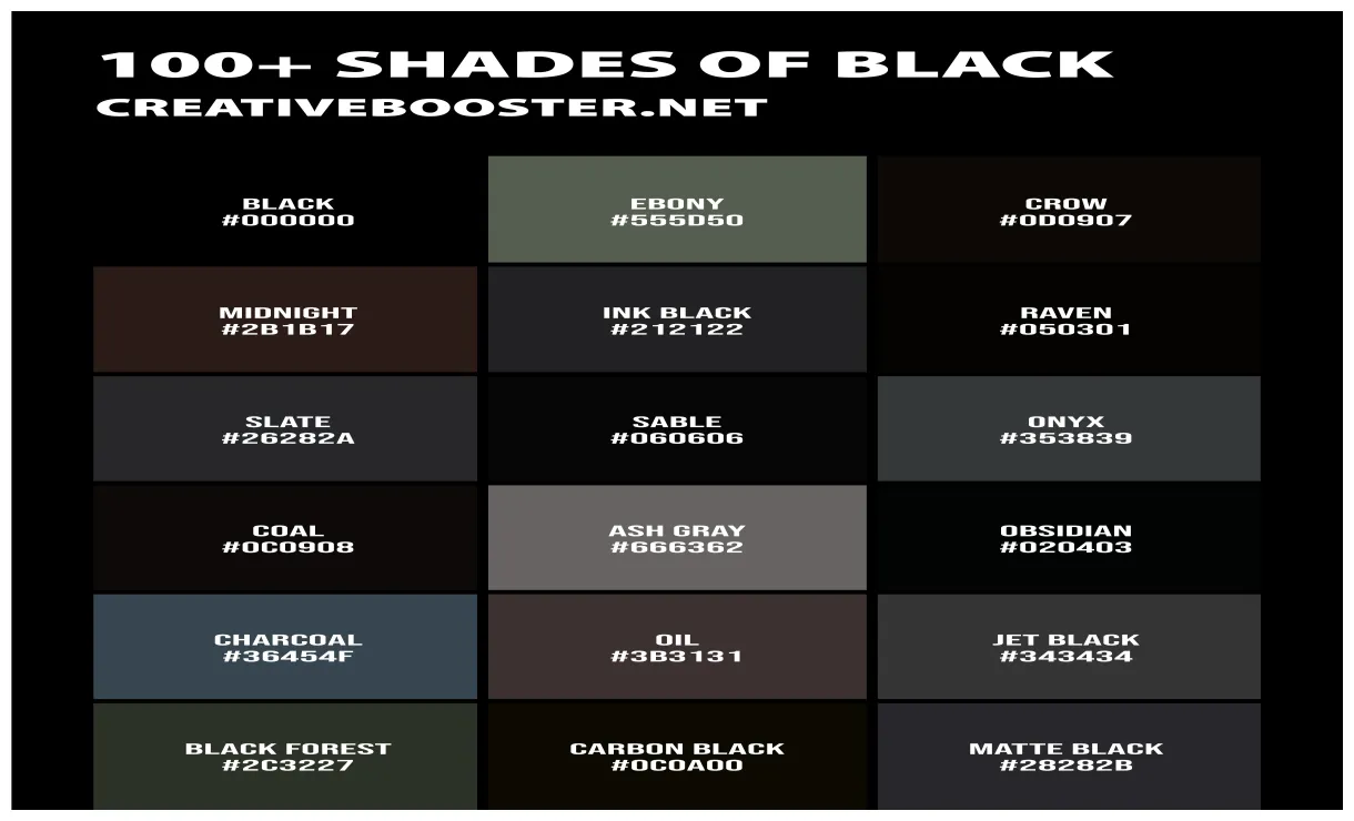 100 Shades Of Black Color (Names, HEX, RGB, CMYK Codes), 59% OFF
