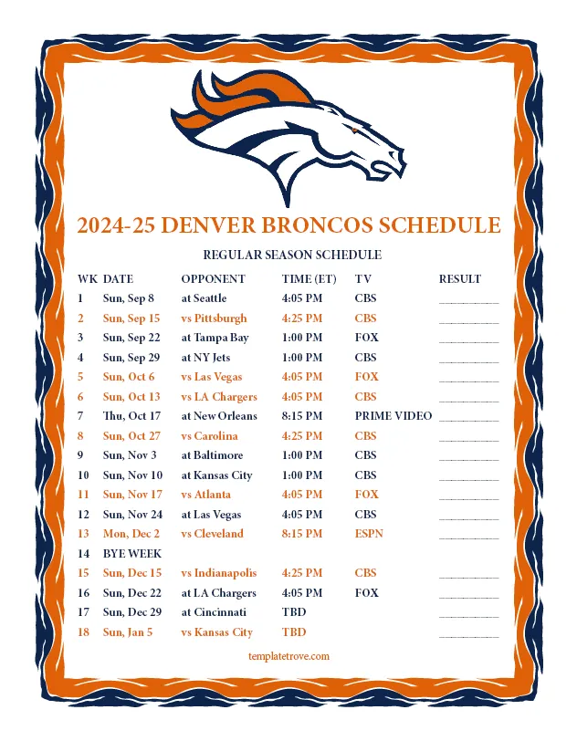 Printable 2024-2025 Denver Broncos Schedule