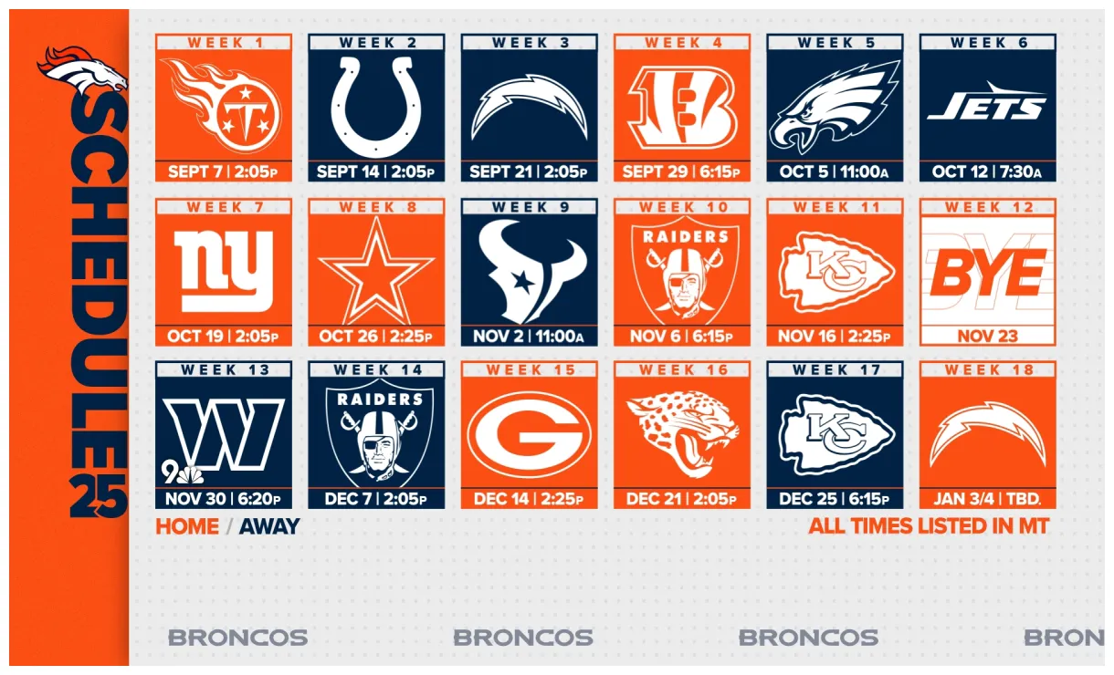 Denver Broncos 2025 Regular Season NFL Schedule | 9news.com
