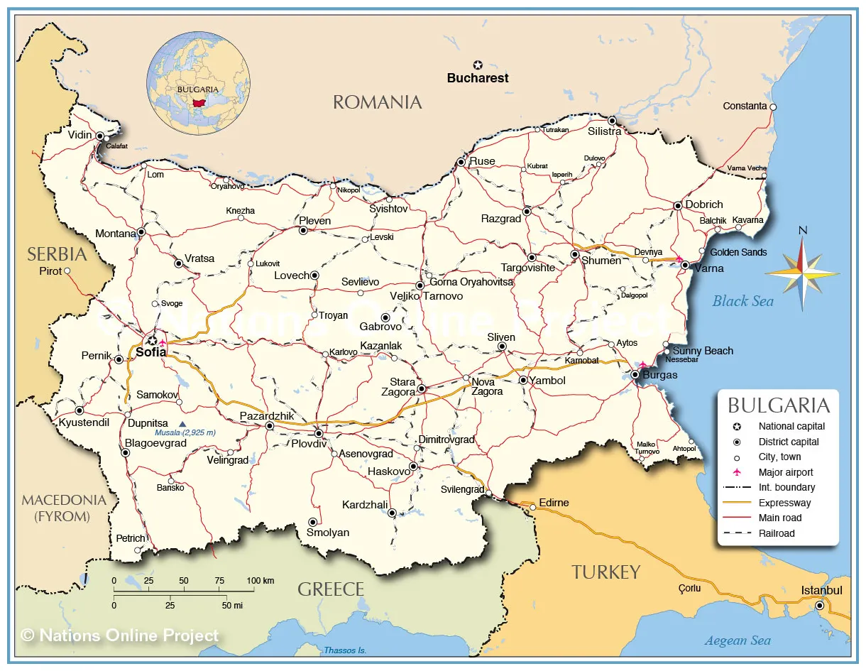 Carte de la bulgarie les routes, villes, le relief, les régions de