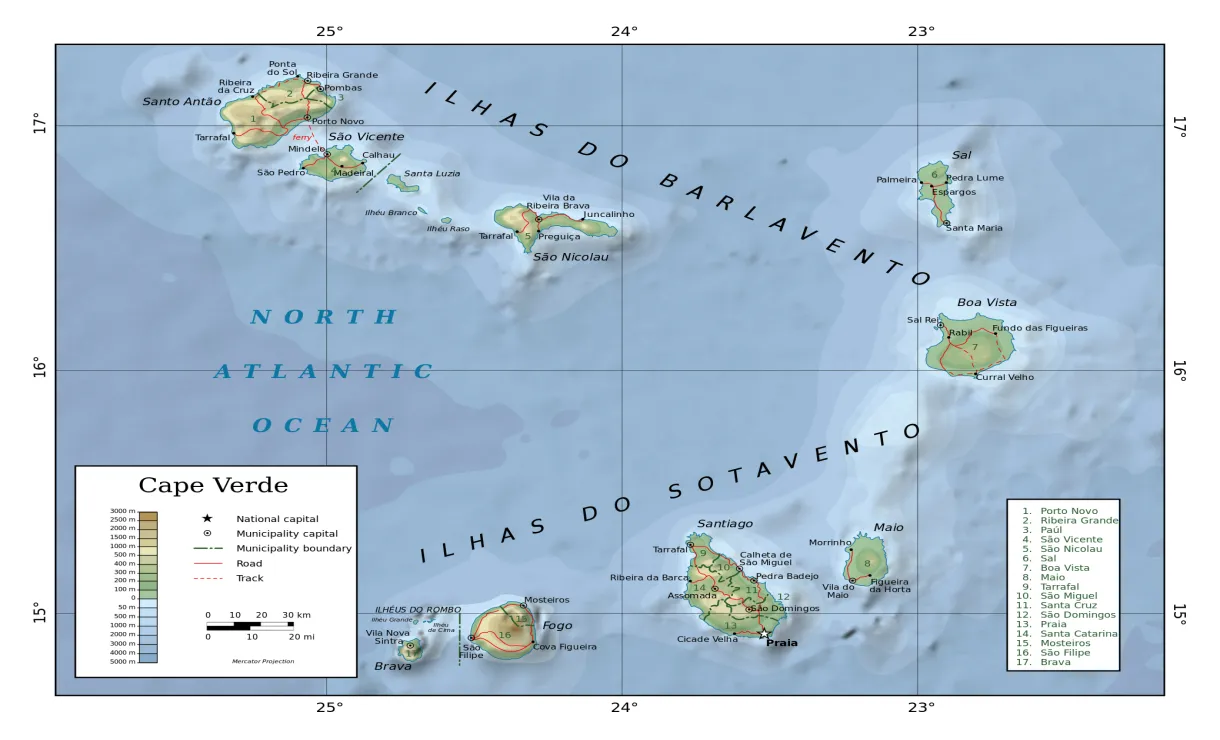 Detailed physical map of Cape Verde. Cape Verde detailed physical map