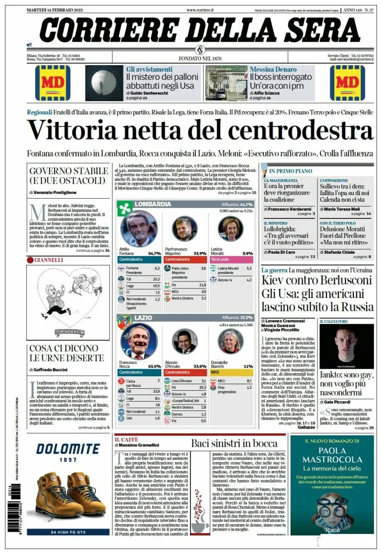 Journal Corriere della Sera (Italie). Les Unes des journaux de Italie