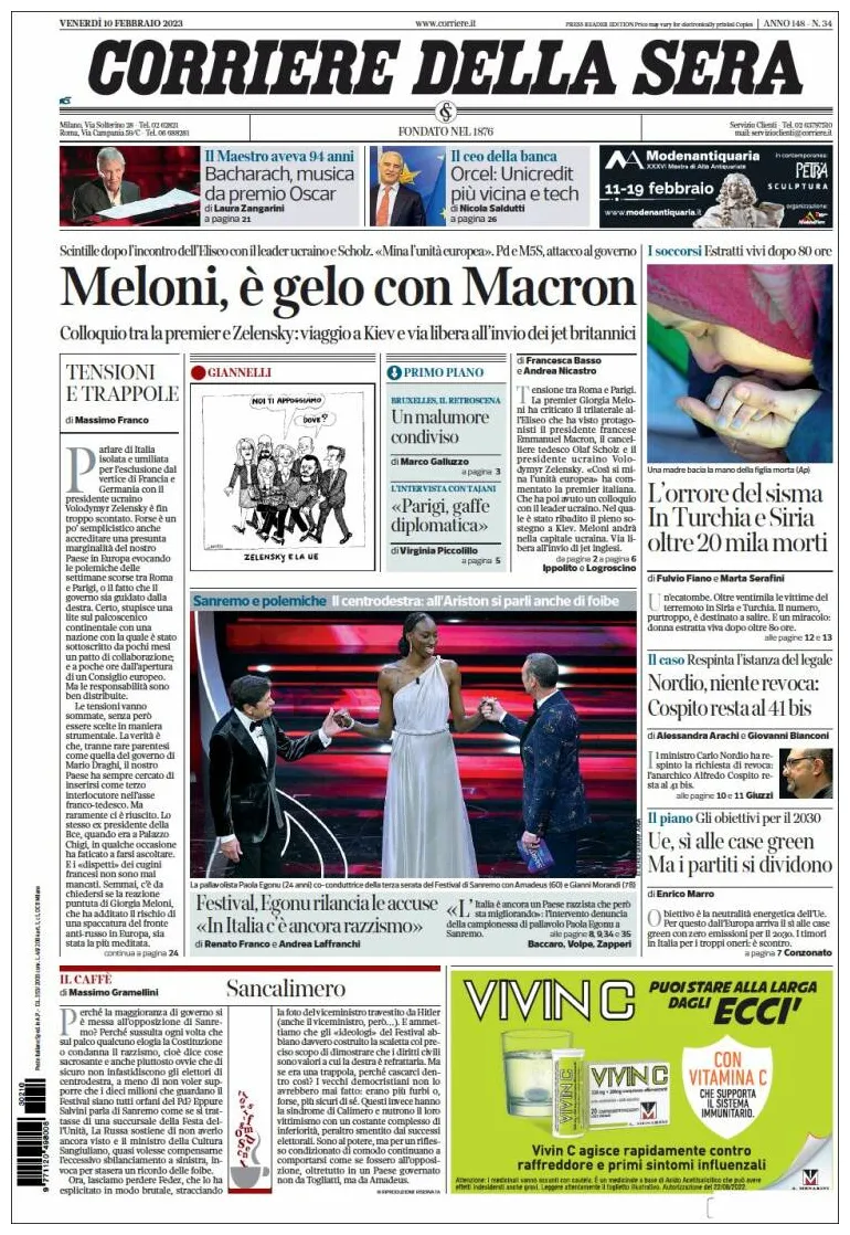 Journal Corriere della Sera (Italie). Les Unes des journaux de Italie