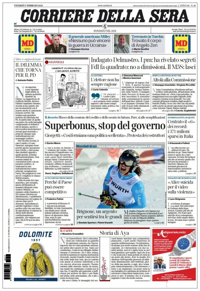 Newspaper Corriere della Sera (Italy). Newspapers in Italy. Friday's