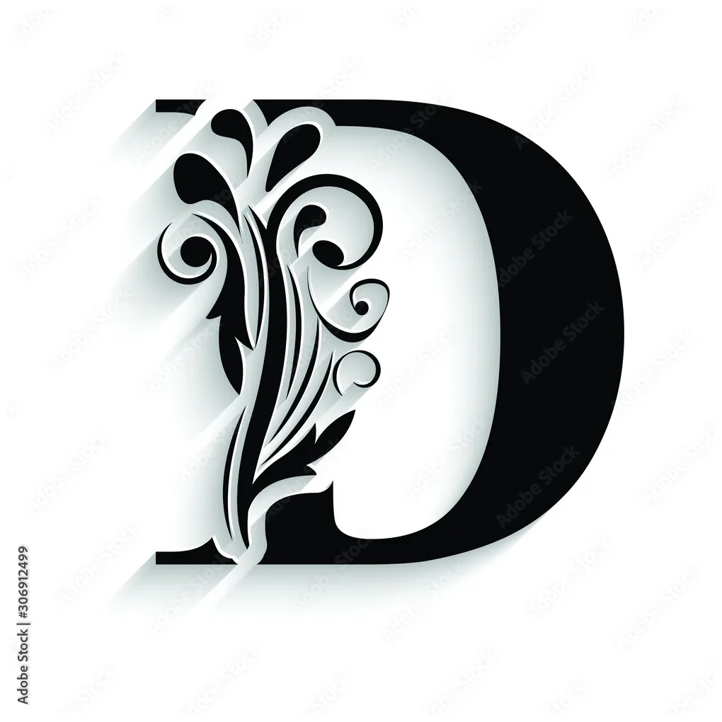 letter D. Black flower alphabet. Beautiful capital letters with shadow