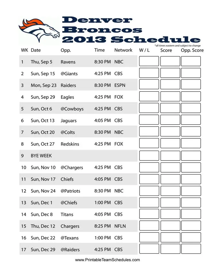 Denver broncos printable schedule