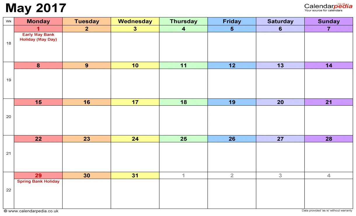 Calendar May 2017 UK, Bank Holidays, Excel/PDF/Word Templates