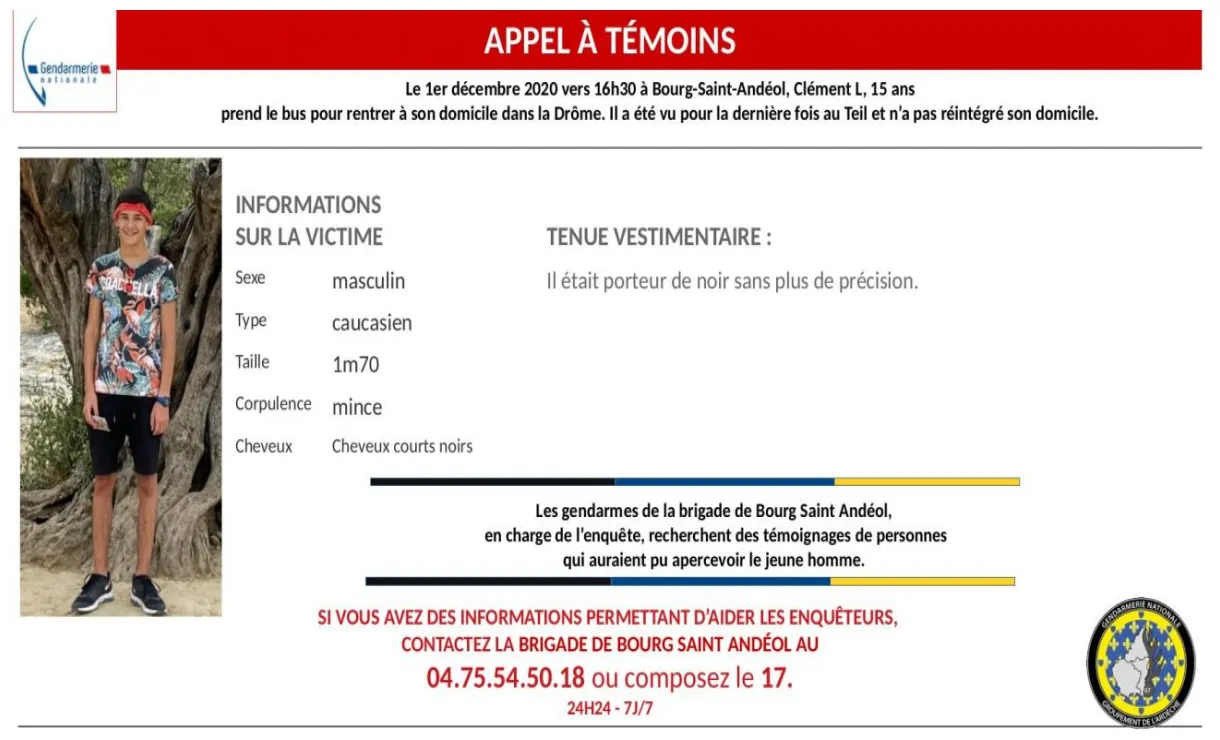 Ardèche avis de disparition d'un adolescent de 15 ans radio scoop