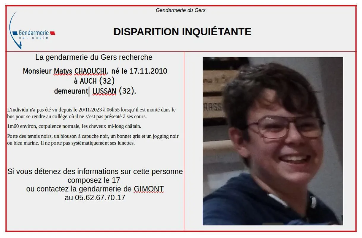 Disparition inquiétante d’un adolescent de 13 ans dans le gers, un