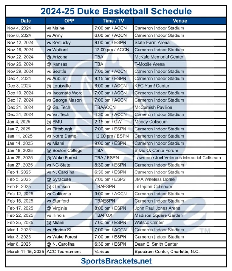 Get your free duke basketball printable schedule 2024 printables for