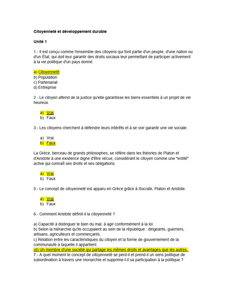 Examen de citoyenneté et de développement durable pdf