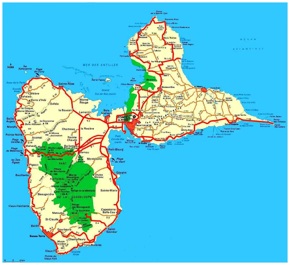 Large detailed road map of Guadeloupe. Guadeloupe large detailed road