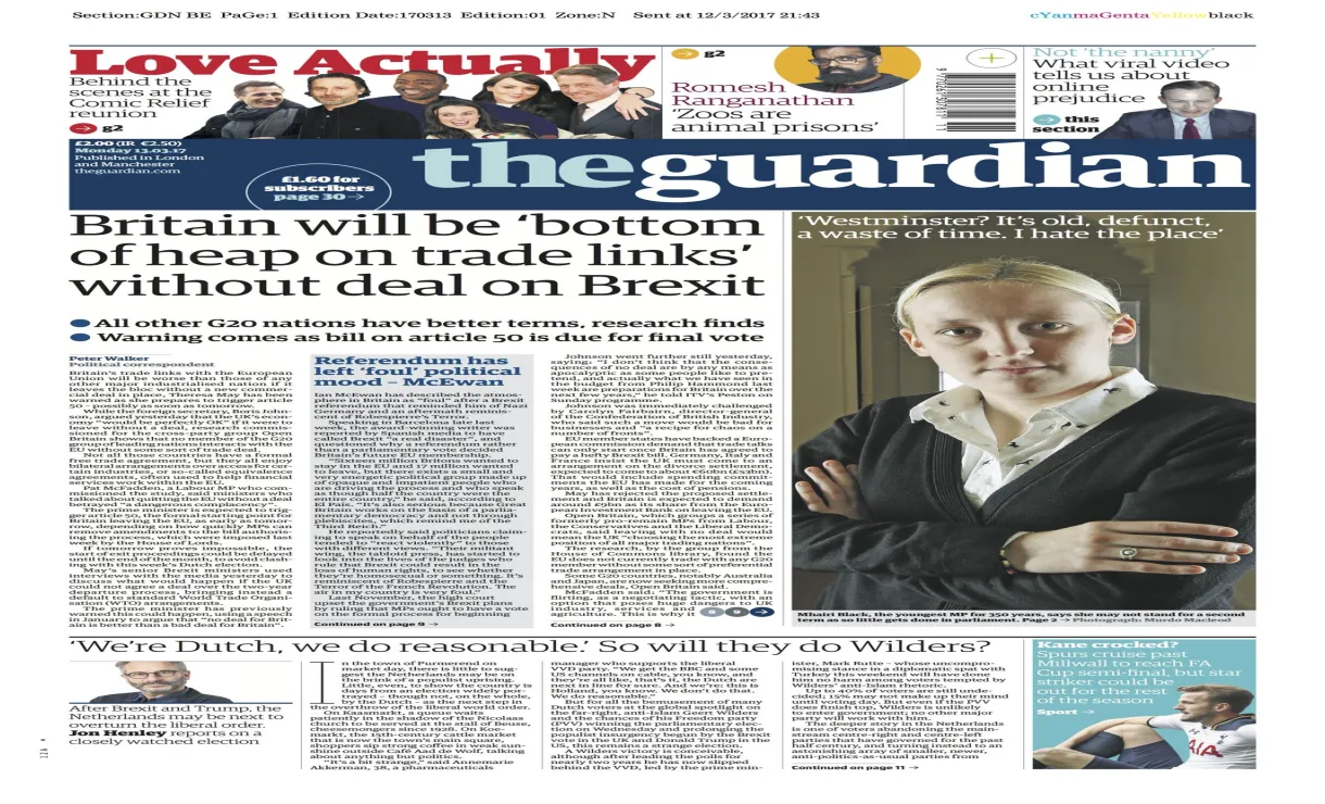 The on twitter " front page, monday 13 march 2017