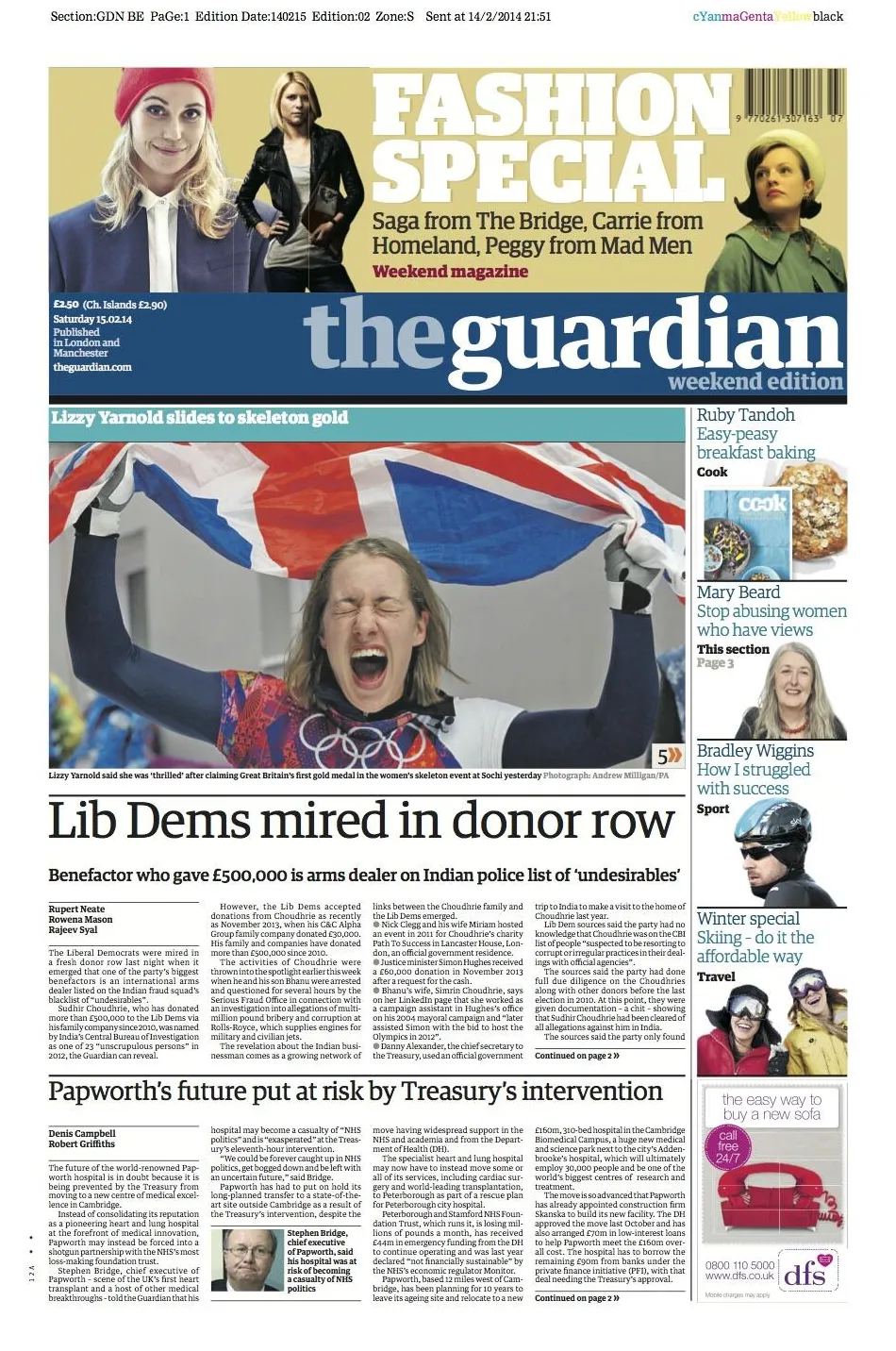 The on twitter " front page, saturday 15 february