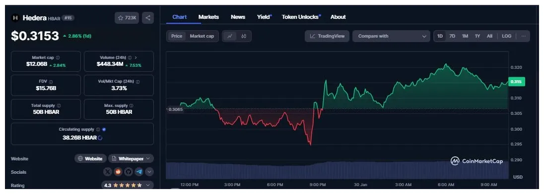 Hedera hbar price fluctuation graph week 1 january 2026