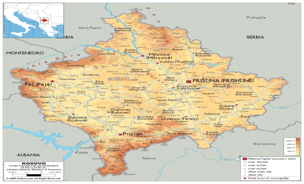Physical Map of Kosovo - Ezilon Maps