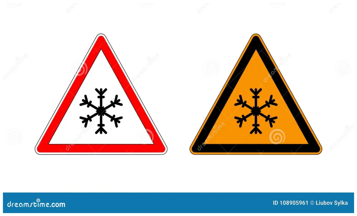 Winter warning set sign shows danger of ice and snow at street, highway
