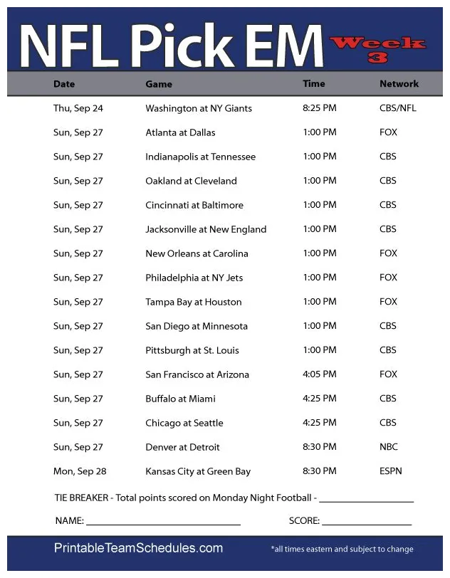 Printable nfl week 15 schedule