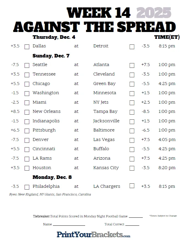 Week 14 nfl schedule printable
