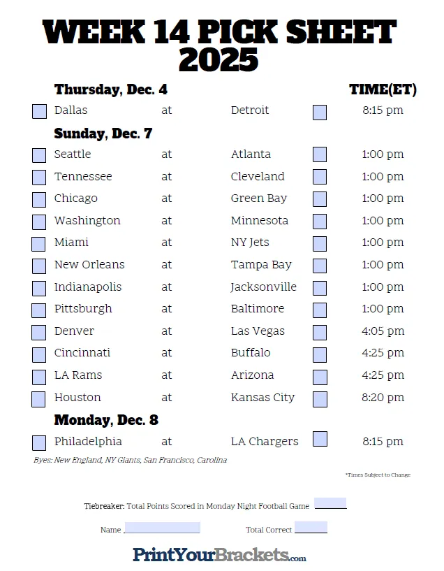 Fillable week 14 nfl pick'em sheet 2025