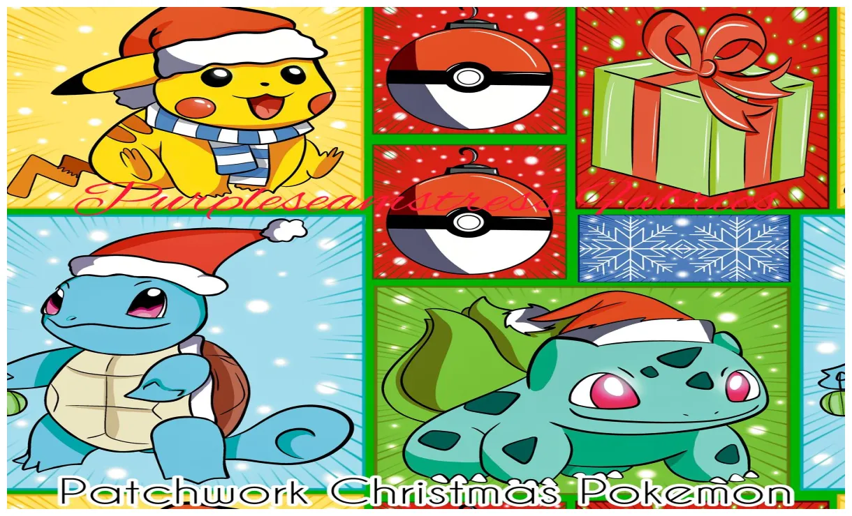 Vibrant patchwork christmas pokemon purpleseamstress fabric