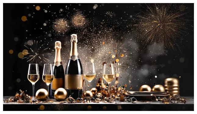 Champán con lujosas chispas de oro en la celebración oscura festival de