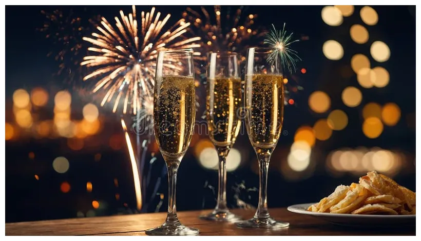Celebrate new year night with fireworks and sparkling drinks at a