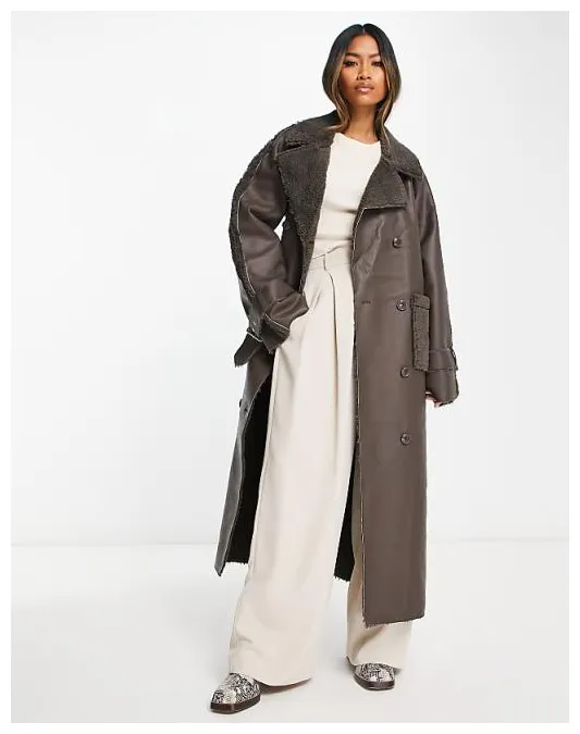 Na-kd x belted coat with faux sherling in brown asos