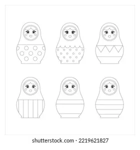 「ロシアの伝統的な人形 マトリョーシカ。塗り絵、塗り絵、子供向けの教育ガイドを描く。幾何学模様。教育用、子供用のスマートカード。一連のお