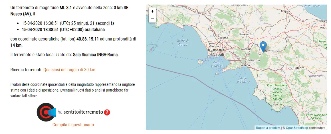 Oggi 15 aprile magnitudo ed epicentro