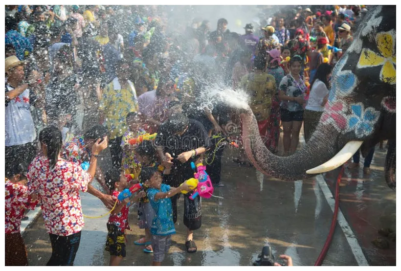 Elephants are Using Their Trunks To Spray Water for Thai People and