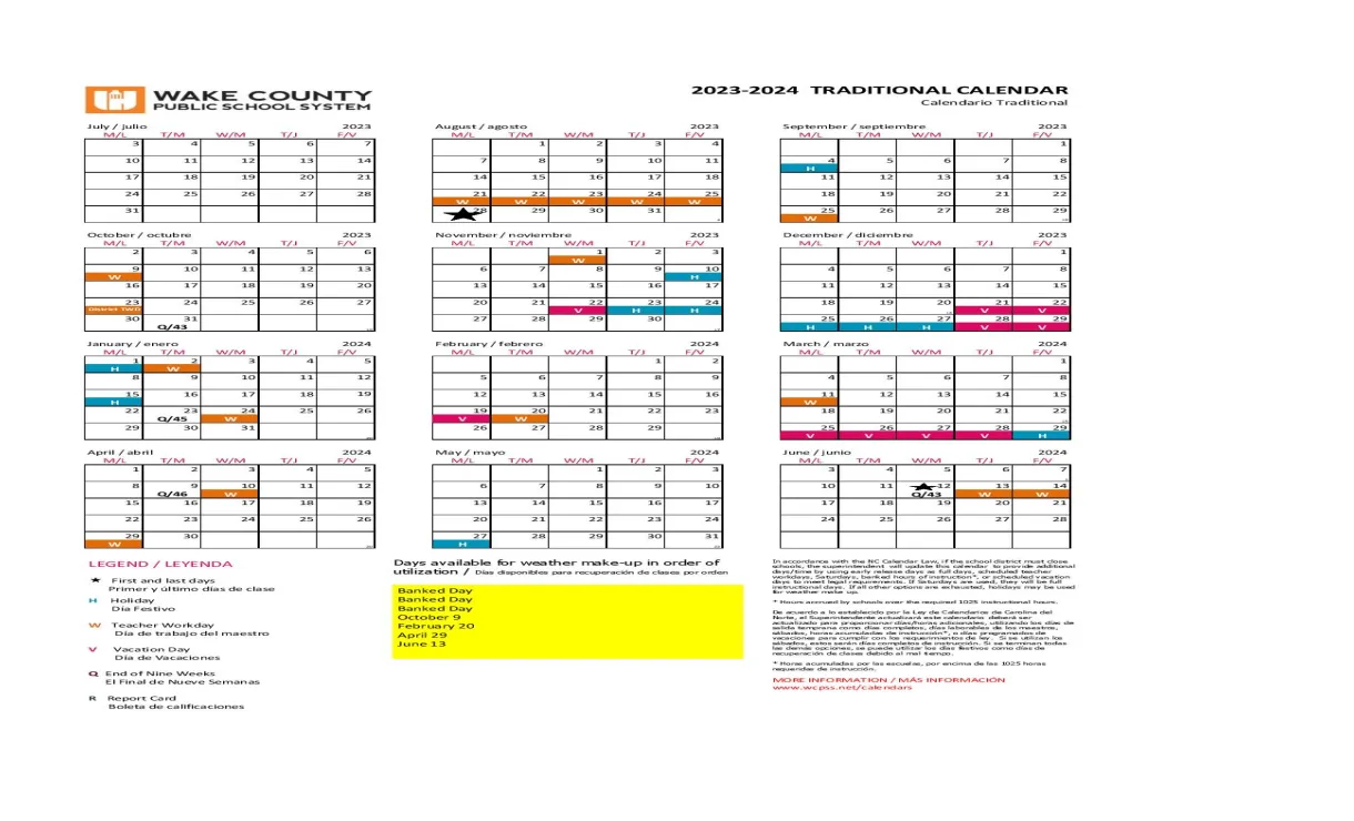 Wake county public schools calendar holidays 2023-2024 pdf