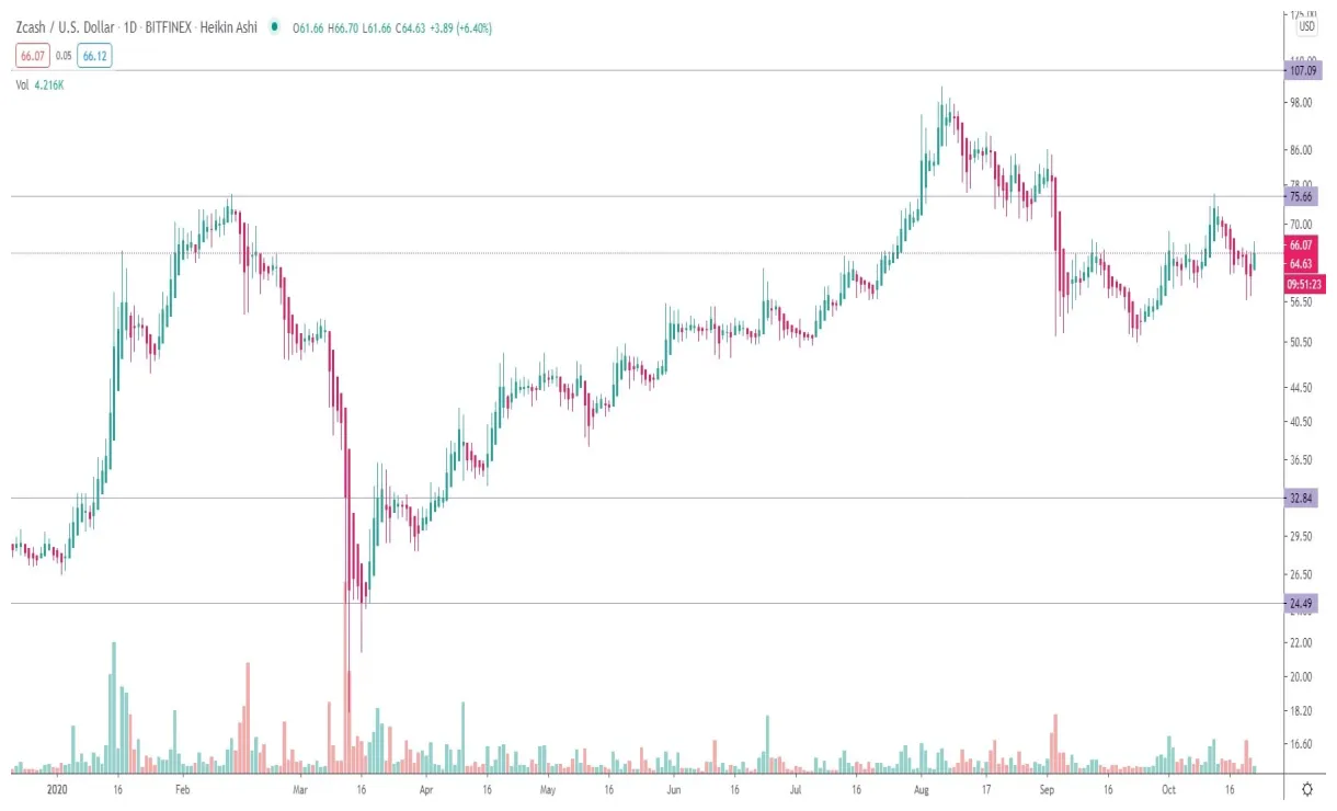 Zcash zec daily price chart week 1 january 2026